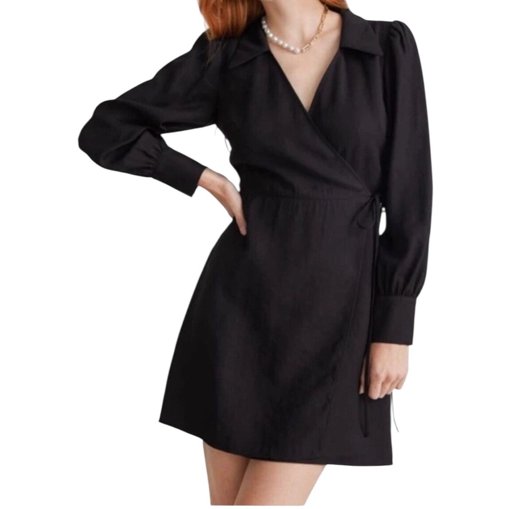 & OTHER STORIES Paris Atelier Black True Wrap Long Sleeve Shirt Dress Size 8 Med